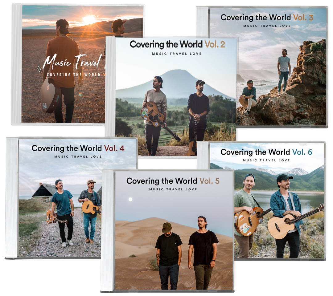 Six album covers for 'Music Travel Love: Covering the World Vol. 1-6' arranged in a fan-like collage on a white background.