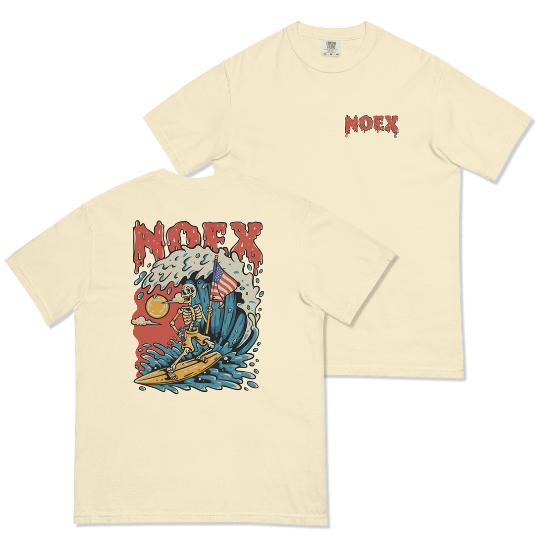 Soft and Durable Comfort Colors short sleeve t-shirt featuring a skeleton surfing with an American flag, part of the No Expectations brand collection Ivory