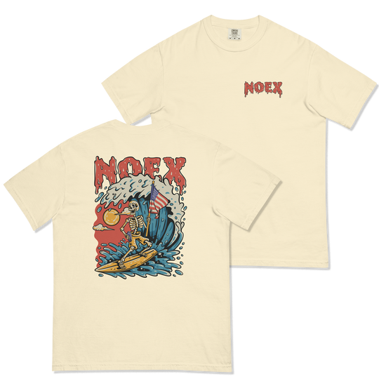 Soft and Durable Comfort Colors short sleeve t-shirt featuring a skeleton surfing with an American flag, part of the No Expectations brand collection Ivory
