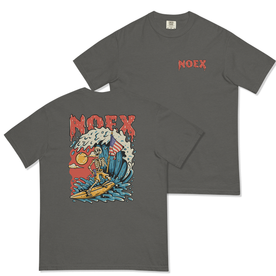 Soft and Durable Comfort Colors short sleeve t-shirt featuring a skeleton surfing with an American flag, part of the No Expectations brand collection Pepper