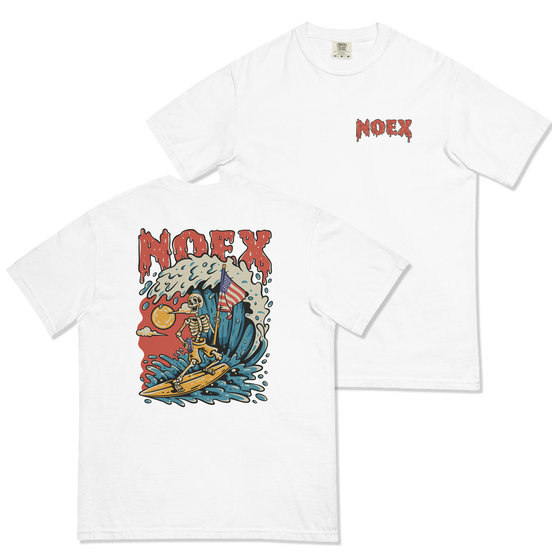 Soft and Durable Comfort Colors short sleeve t-shirt featuring a skeleton surfing with an American flag, part of the No Expectations brand collection Whtie