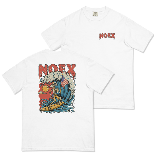 Soft and Durable Comfort Colors short sleeve t-shirt featuring a skeleton surfing with an American flag, part of the No Expectations brand collection Whtie