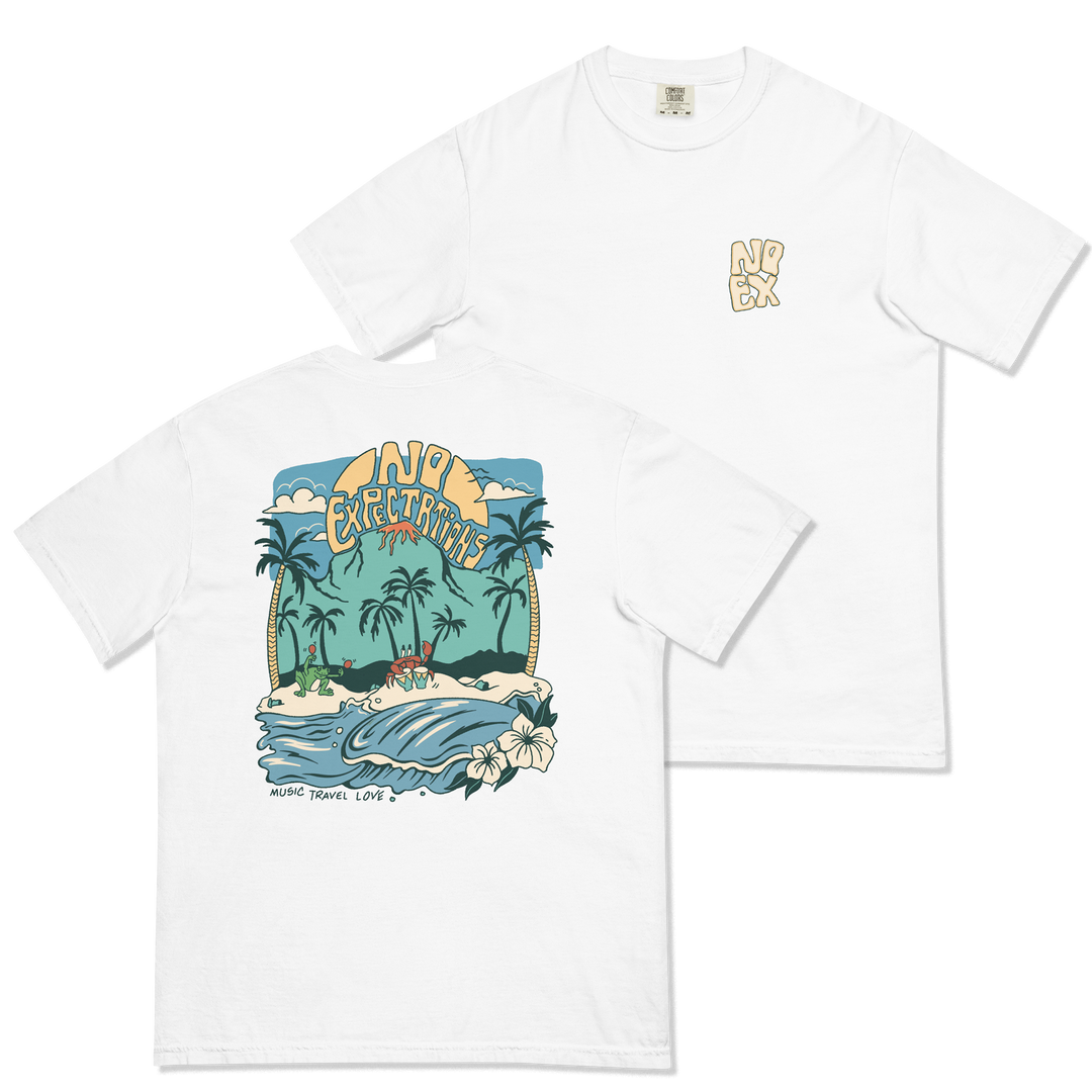 Soft and Durable Comfort Colors short sleeve t-shirt featuring the Island Beats Design part of the No Expectations brand collection White