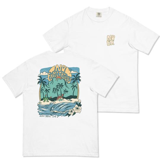 Soft and Durable Comfort Colors short sleeve t-shirt featuring the Island Beats Design part of the No Expectations brand collection White