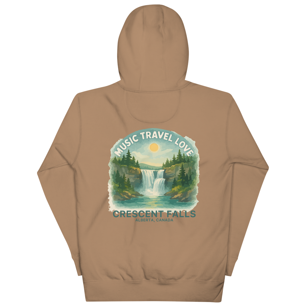 Muisc Travel Love Cresent Falls Hoodie Back View Latte