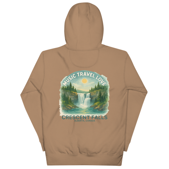 Muisc Travel Love Cresent Falls Hoodie Back View Latte