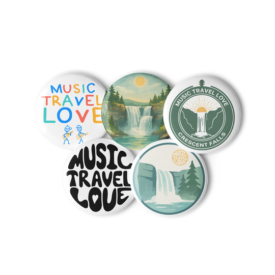 Muisc Travel Love Cresent Falls Set of pins buttons white 2.25 in front - Music travel love stick figures, crescent falls pin, crescent falls front logo pin, Music Travel Love logo pin, Music travel love cresent falls design 2