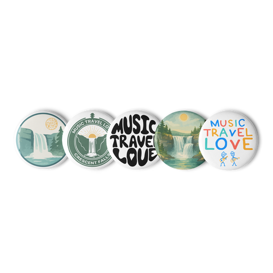 Muisc Travel Love Cresent Falls Set of pins buttons white 2.25 in front - Music travel love stick figures, crescent falls pin, crescent falls front logo pin, Music Travel Love logo pin, Music travel love cresent falls design 2 - side by side display 