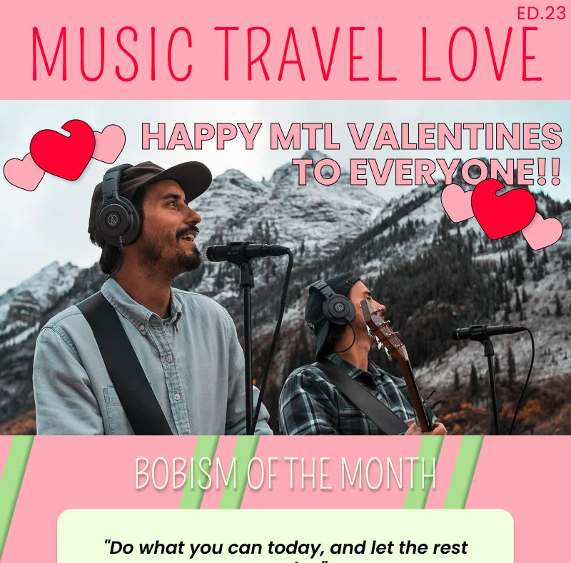 Person with headphones in a mountainous landscape with text and graphics on a pink background.