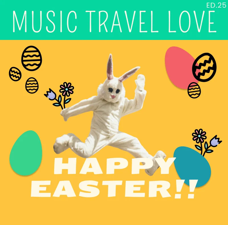 Person in a bunny costume with Easter elements and 'Happy Easter' text on a colorful background.